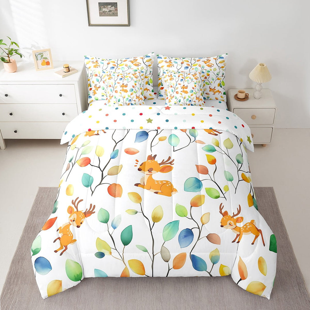 7Pcs Cartoon Deer Bedding Comforter Sets Boho Floral Bed in a Bag, Colorful Leaves Twin Bedding Sets Abstract Watercolor Plant Comforter Set, Wild Animal Bedding Sets &amp; Collections
