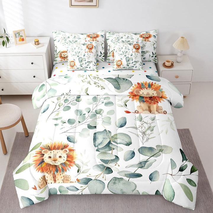 Erosebridal Cute Lion Twin Comforter Set 7 Pieces Green Eucalyptus Bedding Comforter Sets, Woodland Animal Bed in a Bag Botanical Plant Leaves Bedding Set, Cartoon Wildlife Bed Sheets Set