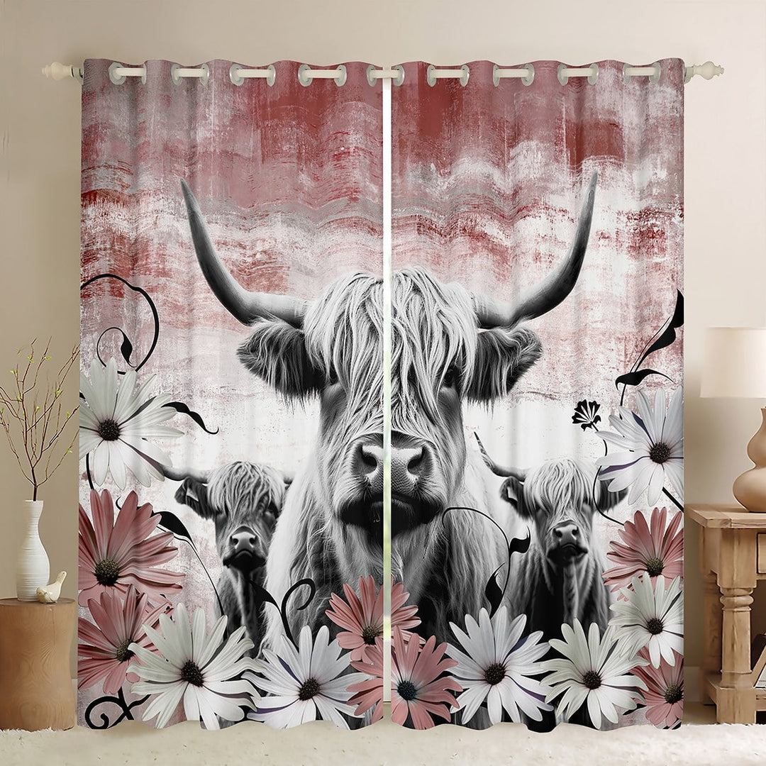 Erosebridal Highland Cow Curtains Blackout,Red Western Farmhouse Curtains &amp; Drapes for Bedroom,Longhorn Cattle Window Curtain Daisy Flower Curtains Cowboys Gifts for Men Women