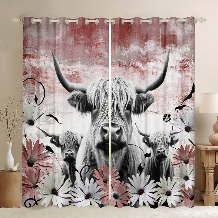 Erosebridal Highland Cow Curtains Blackout,Red Western Farmhouse Curtains &amp; Drapes for Bedroom,Longhorn Cattle Window Curtain Daisy Flower Curtains Cowboys Gifts for Men Women