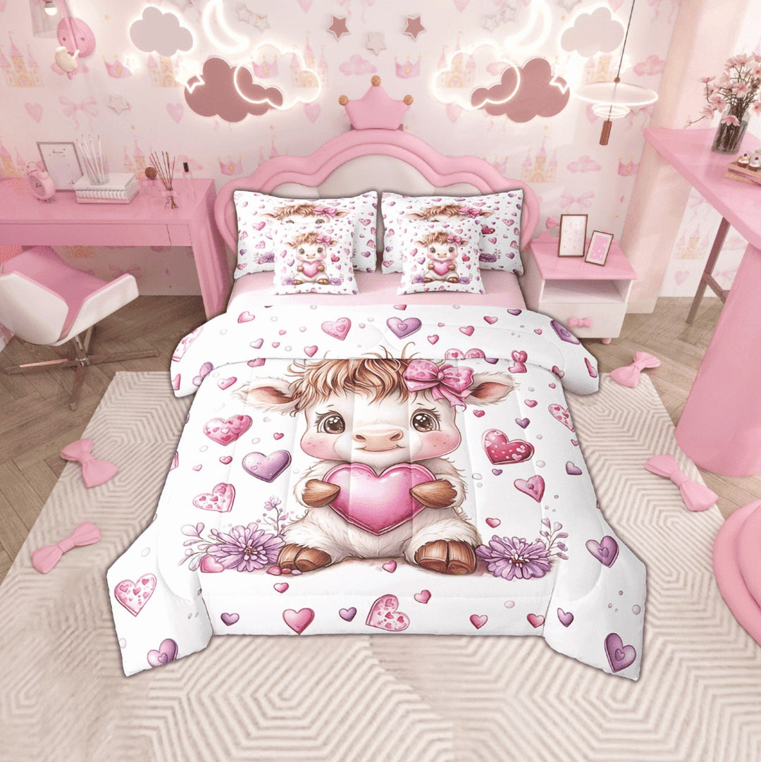 Erosebridal Cute Highland Cow Bed in a Bag Twin Size, Kawaii Love Hearts Bed Set, Reversible 7 Pieces