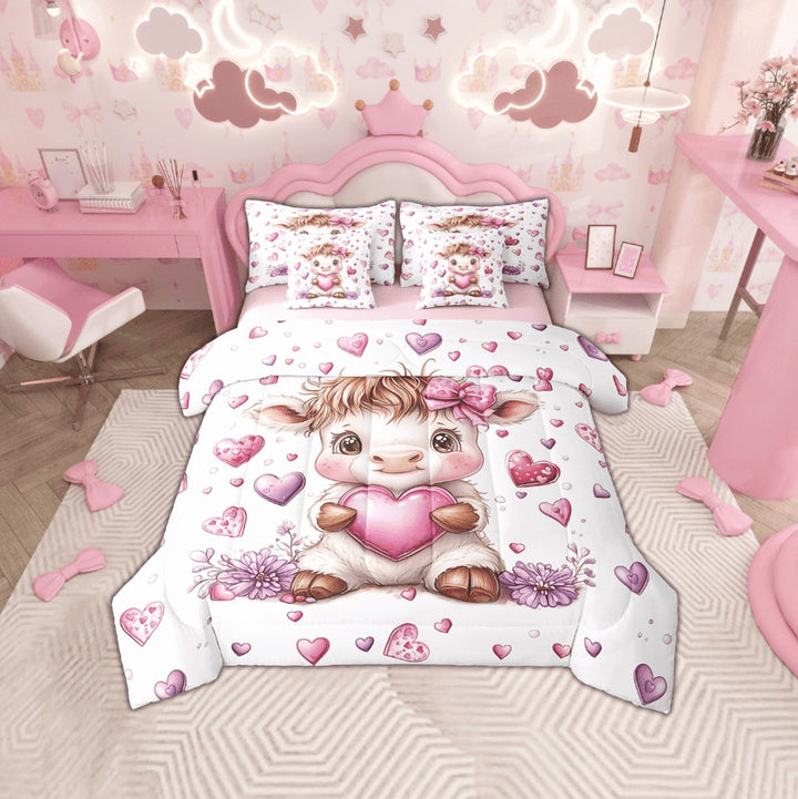 Erosebridal Cute Highland Cow Bed in a Bag Twin Size, Kawaii Love Hearts Bed Set, Reversible 7 Pieces