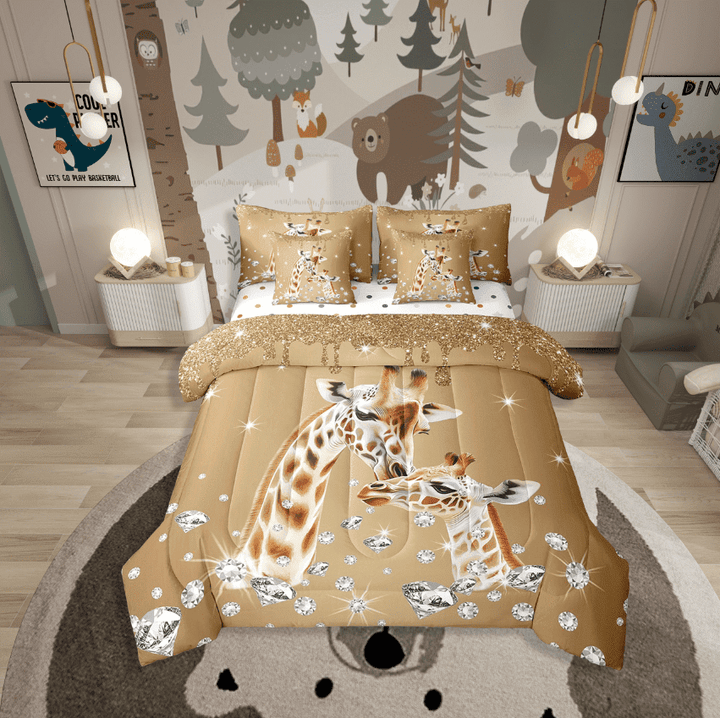 Erosebridal Jungle Animal Giraffe Bedding Sets Twin Size,Crystal Glitter Comforter Sets With Sheets,Sequin Print Decoration,Reversible,Breathable,7Pcs