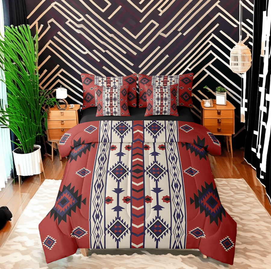 7 Piece Western Boho Bedding Sets Queen Retro Red Brown Aztec Bed In A Bag With Sheets American Southwestern Comforter Set Men,Southwest Tribal Geometric Bed Set