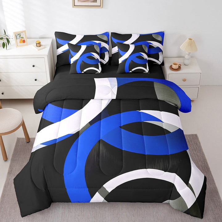 Erosebridal Blue Circle Bedding Sets Twin Size,Geometric Stripes Comforter Sets with Sheets,Round Lines Bed in a Bag Twin size,Ultra Soft Abstract Bedroom Decorative,Reversible,7pcs