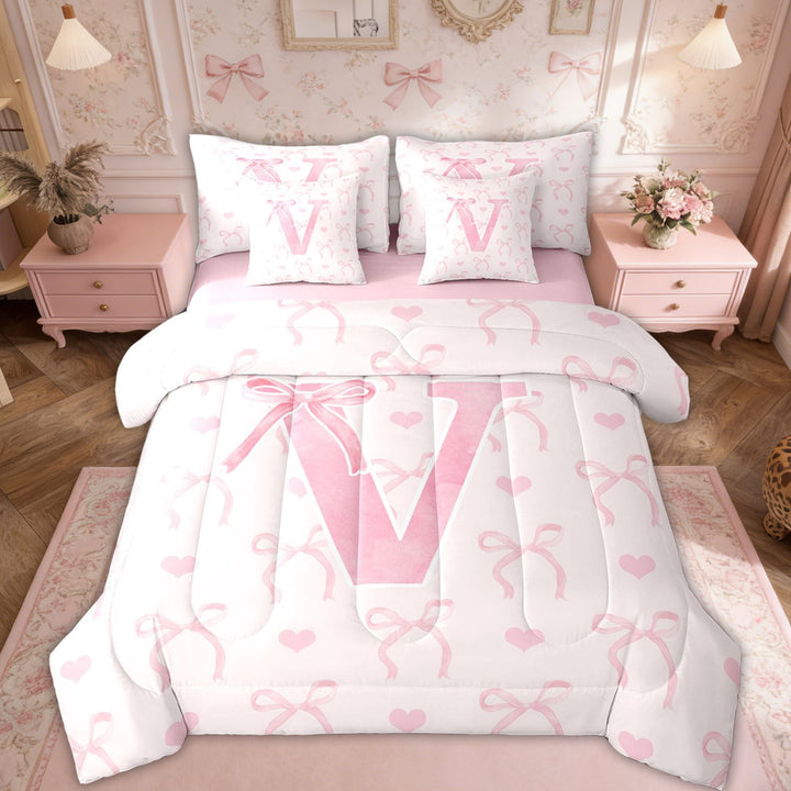 Erosebridal Girly Fairly Bedding Twin Size, Romantic Initial V Bed in a Bag Twin size, Kawaii Pink Bowknot, Reversible 7pcs