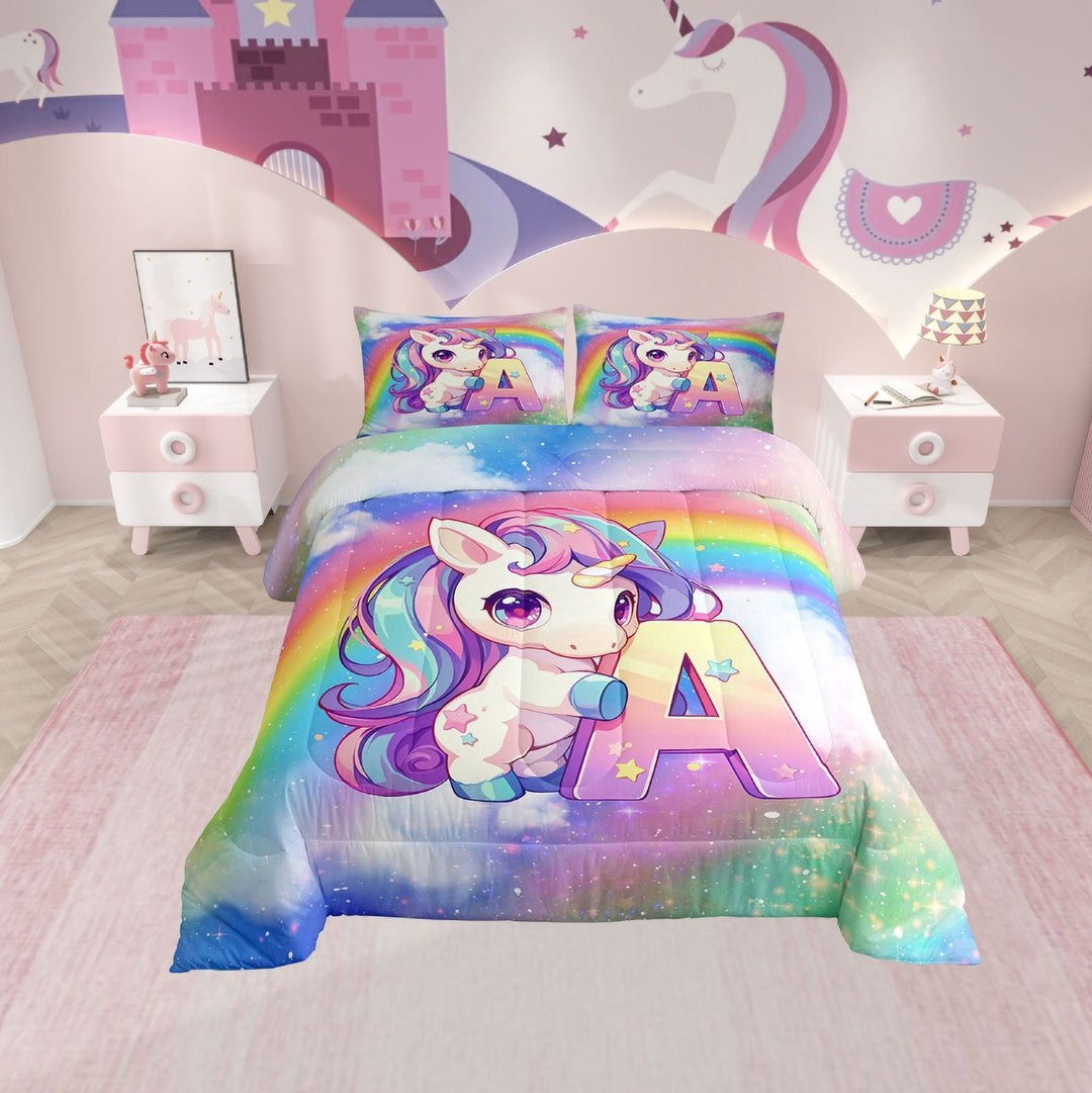 Erosebridal Cartoon Unicorn Bedding Twin Comforter Set, Initial A Letter Down Comforter, Bling Rainbow Reversible Comforter Sets Twin Size, Lightweight Room Decorative, 2pcs