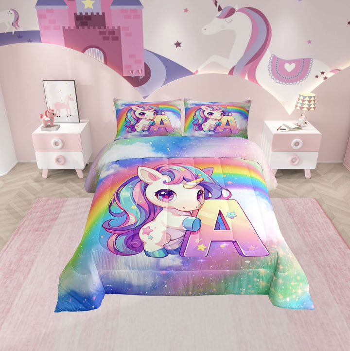 Erosebridal Cartoon Unicorn Bedding Twin Comforter Set, Initial A Letter Down Comforter, Bling Rainbow Reversible Comforter Sets Twin Size, Lightweight Room Decorative, 2pcs
