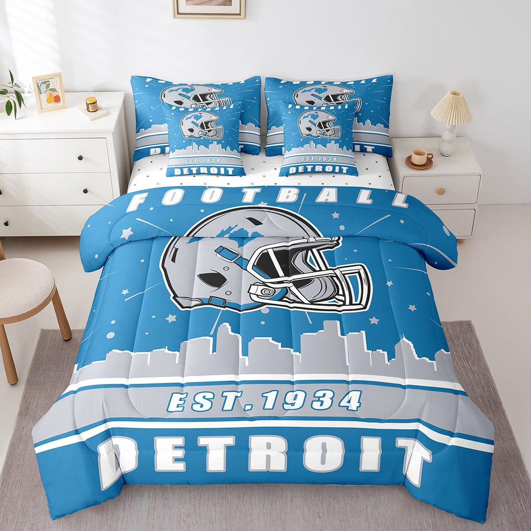 Erosebridal Football Detroit Bedding Sets, Soccer Sport Comforter Sets with Sheets, Royal Blue Bed Sheets Set, Breathable Bedroom Decoration, 7pcs