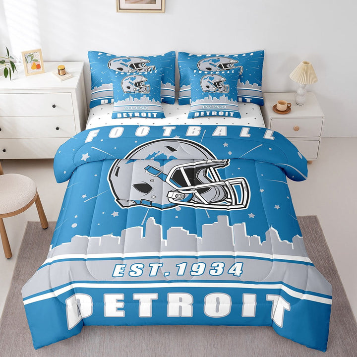 Erosebridal Football Detroit Bedding Sets, Soccer Sport Comforter Sets with Sheets, Royal Blue Bed Sheets Set, Breathable Bedroom Decoration, 7pcs