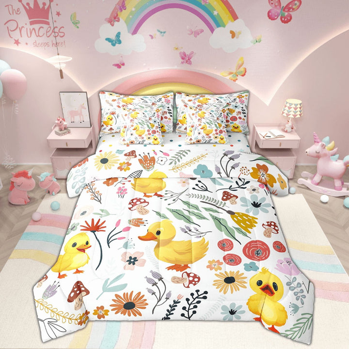 Kawaii Duck Comforter Set 7 Piece Bed in a Bag Twin,Mushroom Floral Cartoon Animal Bedding Sets Watercolor Flowers Leaves Sheet Set with Comforter