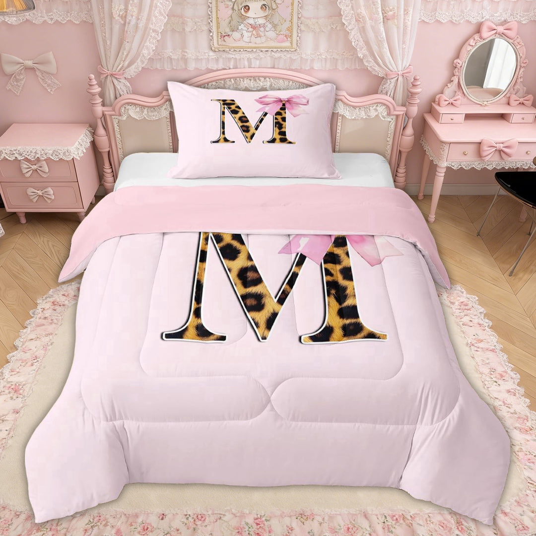 Erosebridal Girly Pink Ribbon Twin Comforter Sets, Fashion Cheetah Print M Letter Bedding Set for Girls Kids, Pink Reversible, 2 Pieces