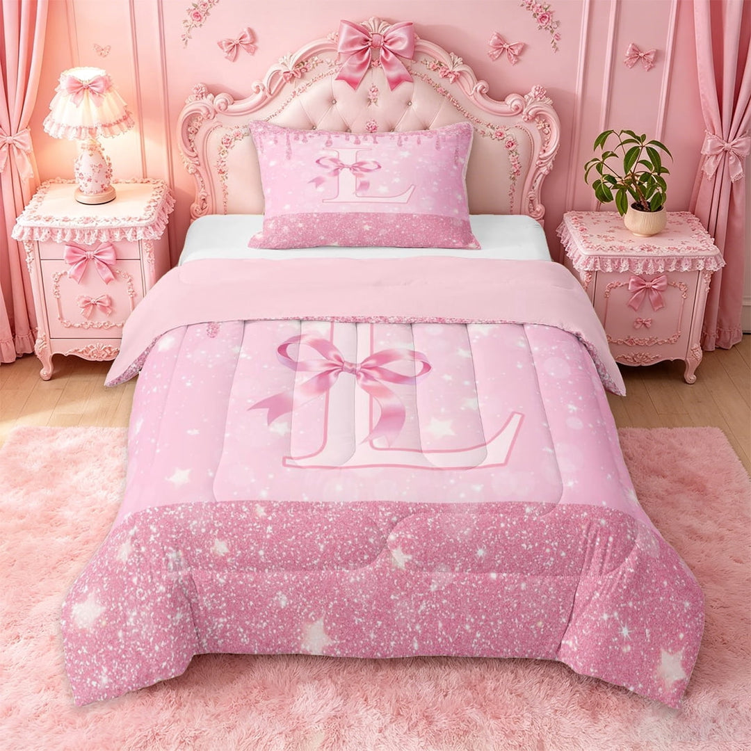 Erosebridal Girls Cute Bow Twin Comforter Sets For Kids,Letter L Monogram Bedding Set,Pink Reversible,2pcs