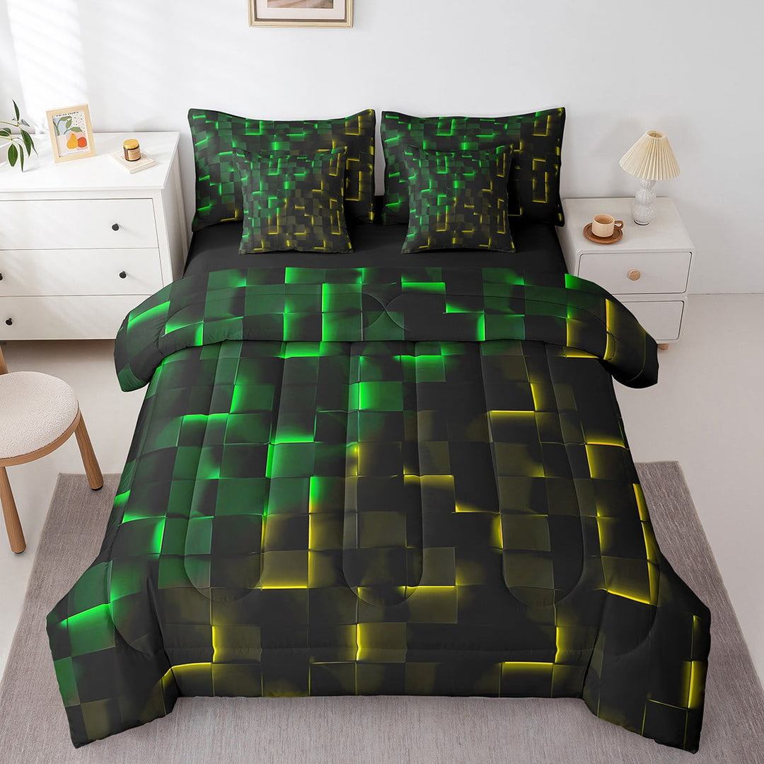 Erosebridal Geometric Plaid Bedding Sets Twin Size,Green Yellow Comforter Sets with Sheets,Futuristic Cubes Bed in a Bag Twin size,Super Cozy Neon Bedroom Decoration,Reversible,7pcs