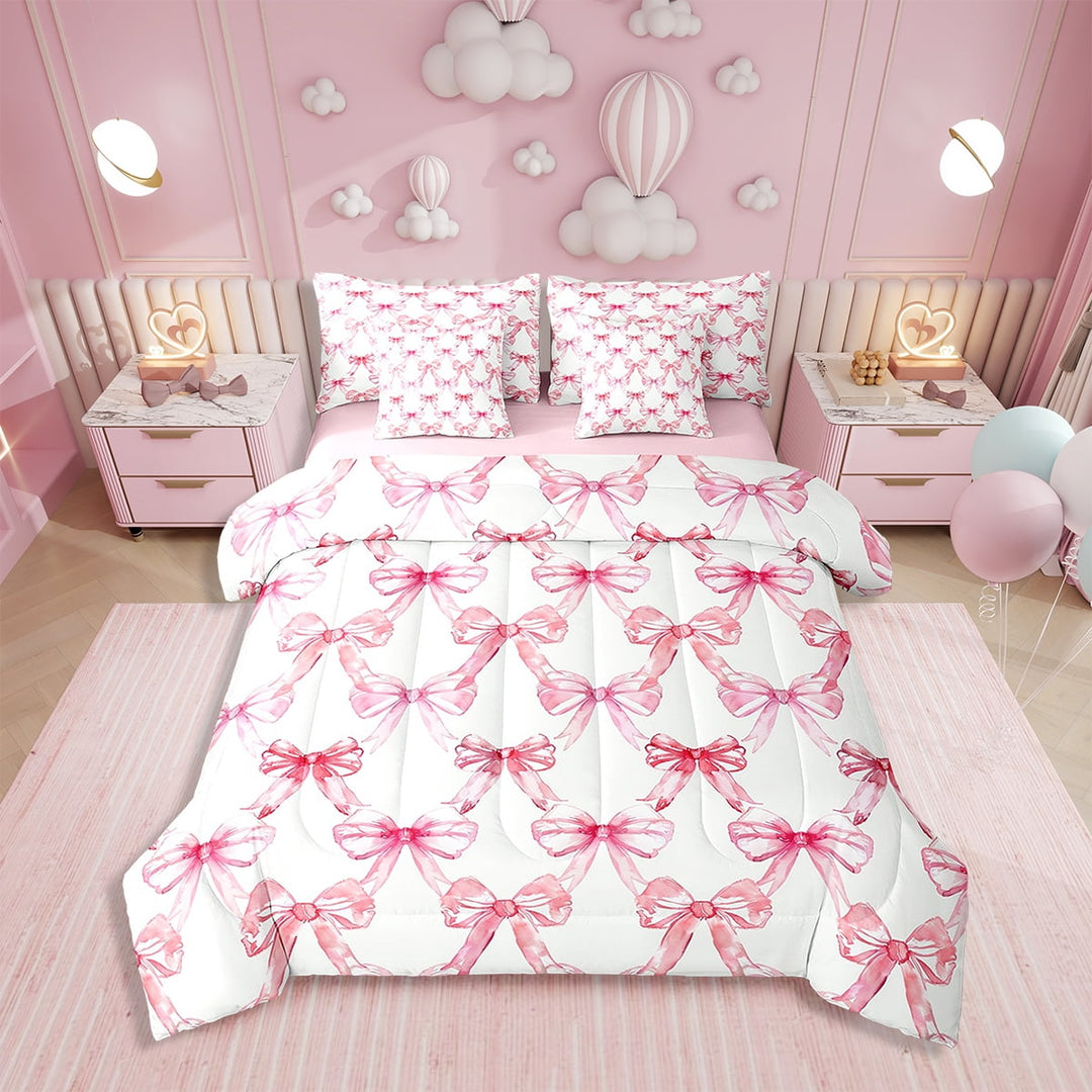 Erosebridal 7 Pcs Pink Bowknot Comforter Set,Cute Pink Ribbon Bow Bedding Set,Dreamy Princess Style (Comforter+Fitted+Flat Sheet+2 Pillowcases+2 Throw Pillow Covers),Twin Size