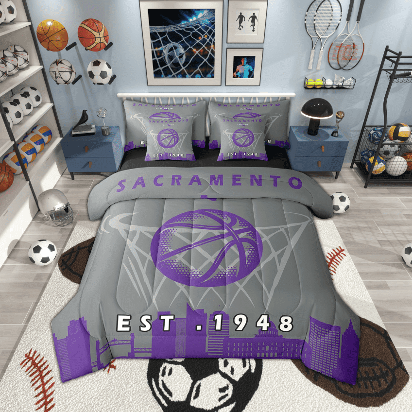 7 Pcs Comforter Set Full Size, Sports Bed in a Bag with Flat Sheet and Fitted Sheet and Adults,Basketball Bedding Set with Pillowcase and Sham,Sacramento