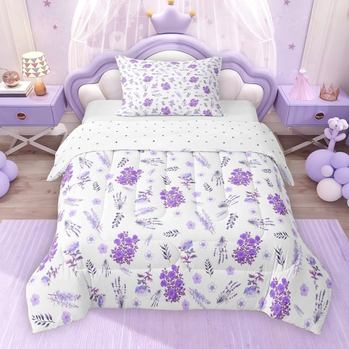 Erosebridal Cute Purple Blossoms Twin Comforter Sets for Girls, Chic Floral Flower Bedding Set, Reversible 2-Piece, 1 Comforter and 1 Pillowcase