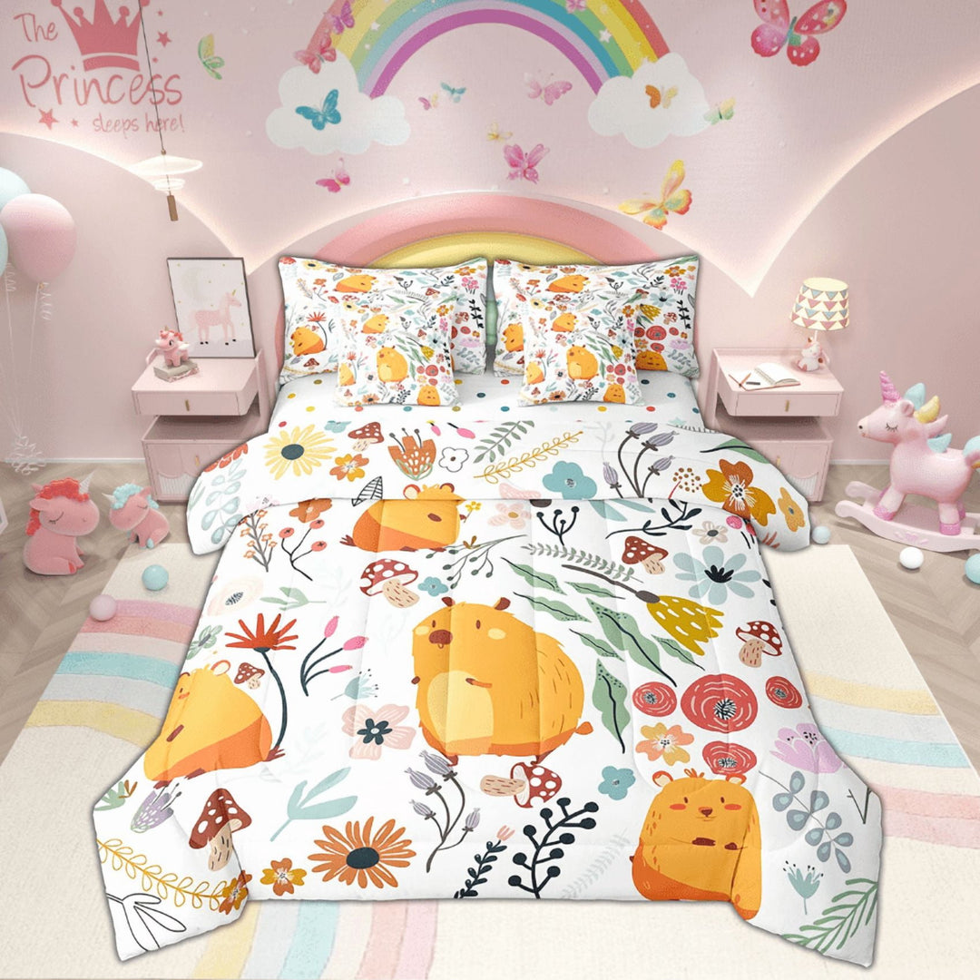 Kawaii Chinchilla Comforter Set 7 Piece Bed in a Bag Twin,Mushroom Floral Cartoon Animal Bedding Sets Watercolor Flowers Leaves Sheet Set with Comforter