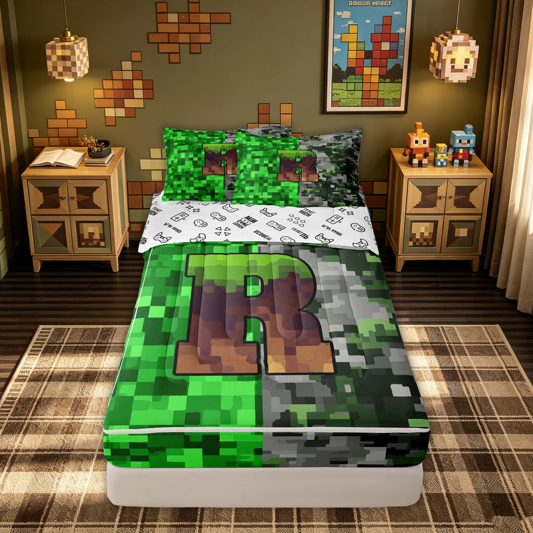meiyoeat Pixel Grass R Initial Zipper Comforter Set with Fitted Sheet and 2 Pillowcases for Boys, Gamer Block Monogram Zipper Bedding Set, Green Brown, Gamepad Reversible, 3 Pieces