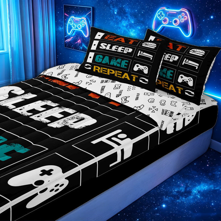 meiyoeat Graffiti Gamer Quote Zipper Full Size Comforter Sets with Fitted Sheet and 2 Pillowcases for Kids Boys, Game Controller Zipper Bedding Set for Bedroom, Black, Gamepad ReversibleB