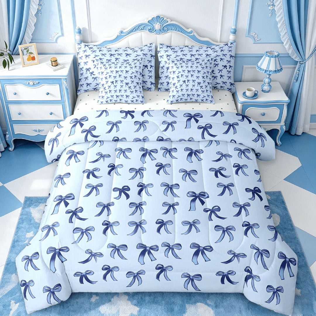 Manfei Cute Bowknot Bedding Comforter Set 7 Pieces,Girls Ribbon Bow Full Bedding Set,Dreamy Blue Fitted Sheet Flat Sheet For Girls,Super Cozy Bedroom Decor,Reversible