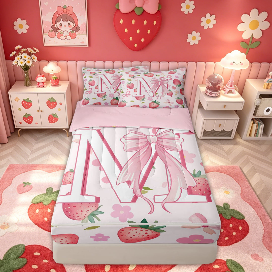 meiyoeat Strawberry Letter A Zipper Comforter Set with Fitted Sheet and 2 Pillowcases for Girls, Kawaii Bowknot Floral Zipper Bedding Set for Bedroom, Pink, Pink Reversible, 3 Pieces