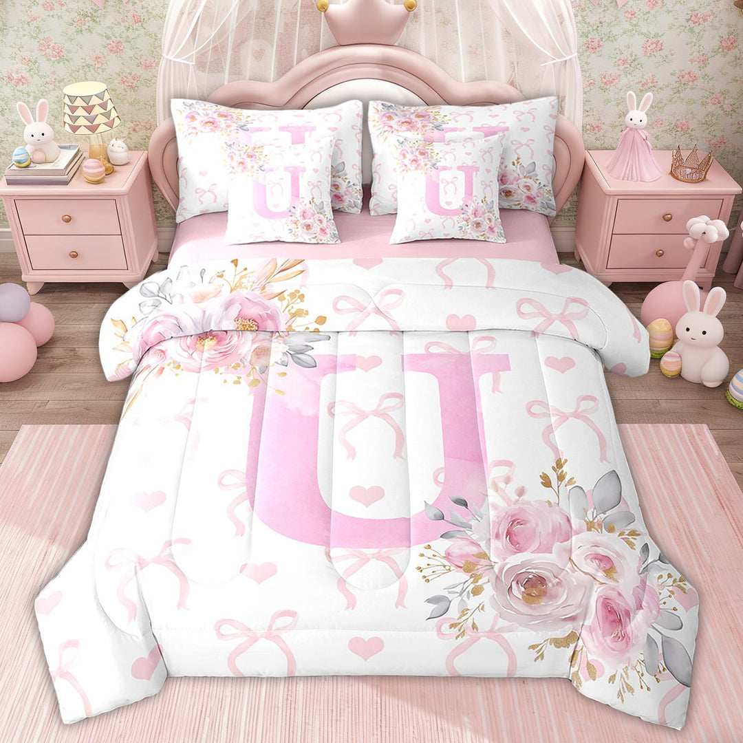 Erosebridal Girls Pink Initial U Bedding Twin Size, Valentines Day Bed in a Bag Twin size, Romantic Rose Decor, Pink Reversible 7-Piece
