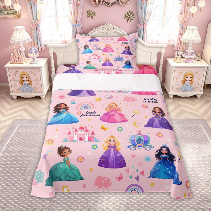 meiyoeat Cute Princess Castle Bed Sheets for Kids Girls, Magical Rainbow Flower Full Size Sheets, Pink, 4-Piece