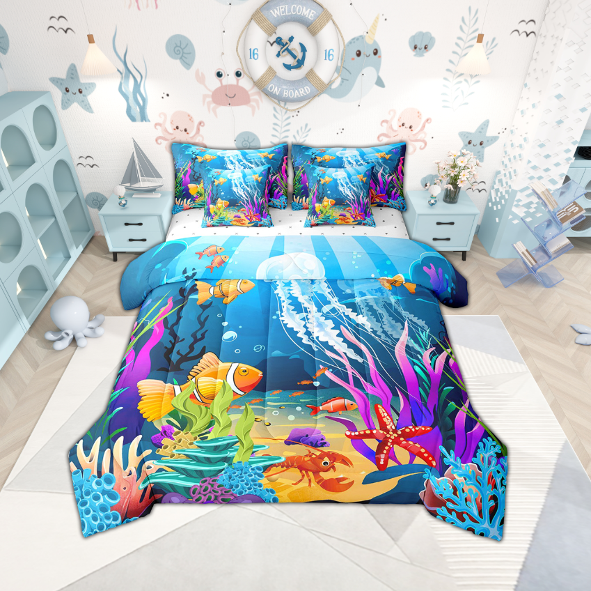 Erosebridal Ocean Jellyfish Bedding Sets Twin Size,Underwater World Comforter Sets with Sheets,Sea Animal Bed in a Bag Twin size,Microfiber Marine Room Decoration,Reversible,7-Piece