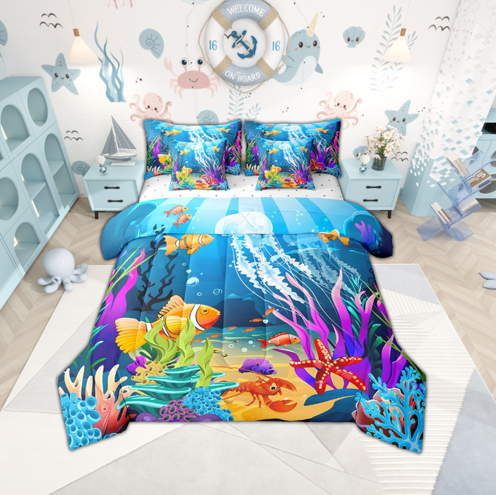 Erosebridal Ocean Jellyfish Bedding Sets Twin Size,Underwater World Comforter Sets with Sheets,Sea Animal Bed in a Bag Twin size,Microfiber Marine Room Decoration,Reversible,7-Piece
