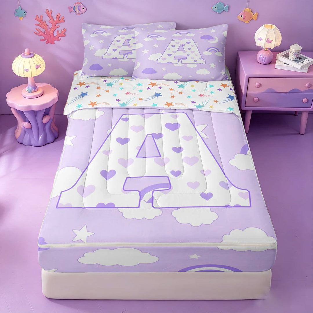 meiyoeat Purple Rainbow Cloud Monogram A Zipper Full Size Comforter Sets with Fitted Sheet and 2 Pillowcases,Stars Heart Initial Zipper Bedding Set For Girl,Colorful Stars Reversible,4-Piece