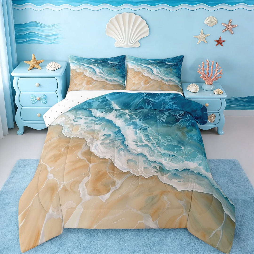 Erosebridal Beach Theme Full Size Comforter Sets,Sea Ocean Wave Bedding Sets For Girls Kids,Reversible,3-Piece