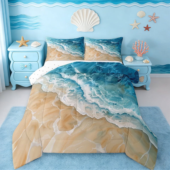 Erosebridal Beach Theme Full Size Comforter Sets,Sea Ocean Wave Bedding Sets For Girls Kids,Reversible,3-Piece