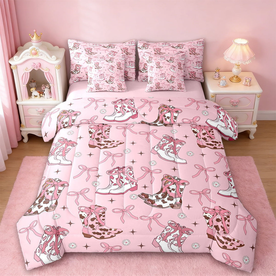 Erosebridal Pink Western Cowgirl Boots Bed in a Bag Full Size,Ribbon Bowtie Bed Set,Daisy Stars Print Bedding Full Size,Breathable Bedroom Decor Reversible,7 Pieces