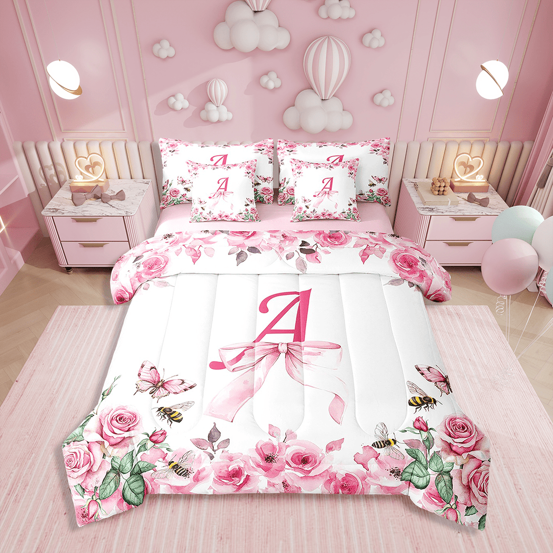 Erosebridal 7 Piece Bed in a Bag Twin Size Comforter Set Initial Letter Bedding Set,Bowknot Alphabet Reversible Bed Set,A-Z Comforter with Sheet Set,All Season