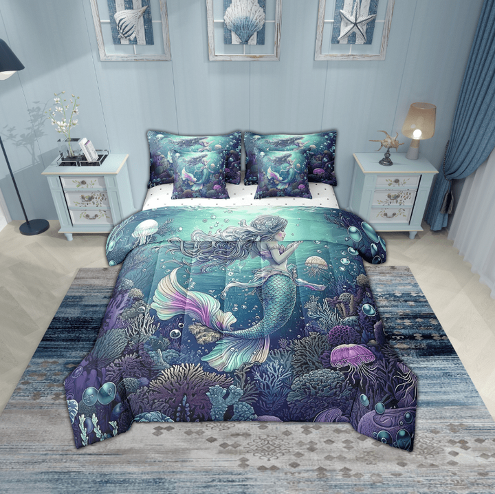 Erosebridal Marine Mermaid Bedding Sets Twin Size,Underwater World Comforter Sets with Sheets,Peincess Bedroom Decor,Reversible,Breathable,7pcs