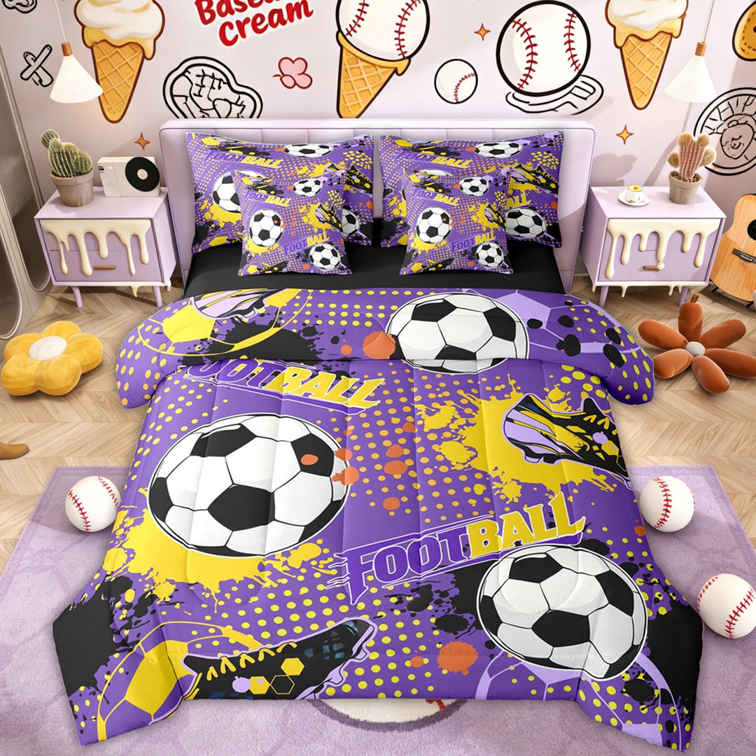 Erosebridal Soccer Cleat Twin Bedding Sets, Purple Yellow Watercolor Bedding Comforter Set for Boys and Girls, 7-Piece