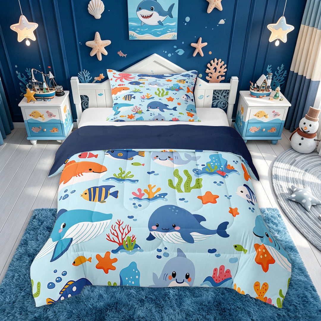 meiyoeat Kawaii Sea Whale Octopus Full Size Comforter Sets for Kids Boys Girls, Starfish Animal Bedding Comforter Set, Blue, Blue Reversible, 3pcs, 1 Comforter and 2 Pillowcases