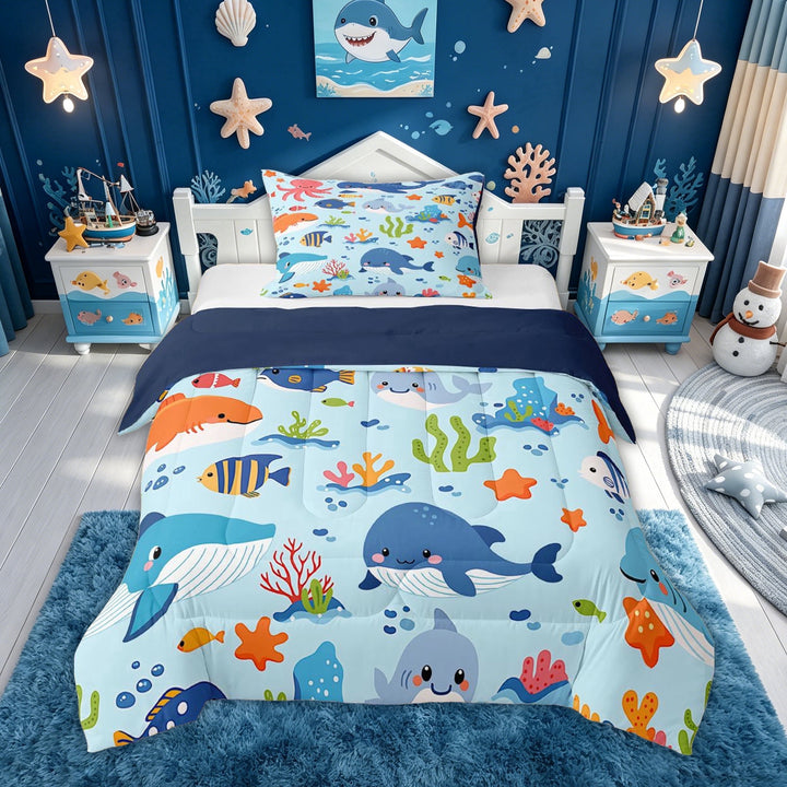 meiyoeat Kawaii Sea Whale Octopus Full Size Comforter Sets for Kids Boys Girls, Starfish Animal Bedding Comforter Set, Blue, Blue Reversible, 3pcs, 1 Comforter and 2 Pillowcases