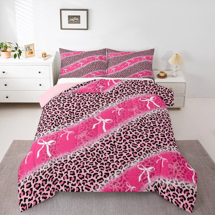 Erosebridal Leopard Print Comforter Sets Twin Size,Bowtie Bowknot Comforters &amp; Duvets,Pink Black Farmhouse Bedding Twin Comforter Set For Men Women,Lightweight Room Decorative Reversible£¬2-Piece