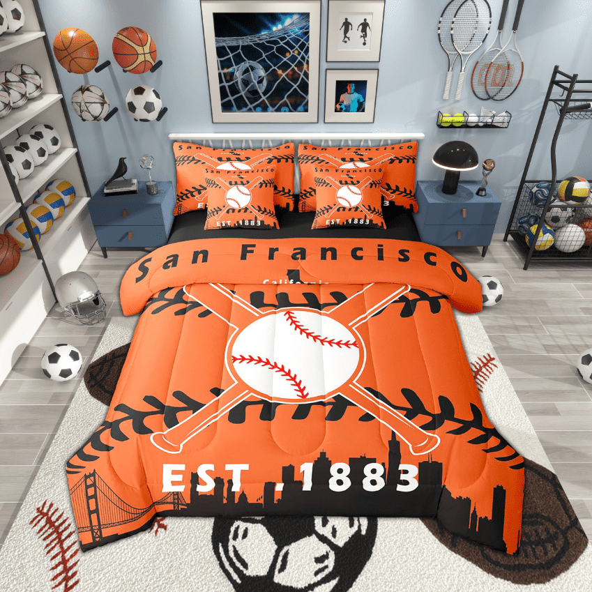 YST 7 Pcs Comforter Set Twin Size,Baseball Bed in a Bag with Flat Sheet and Fitted Sheet for Kids and Adults,Sports Fan Bedding Set with Pillowcase and Sham(San Francisco)