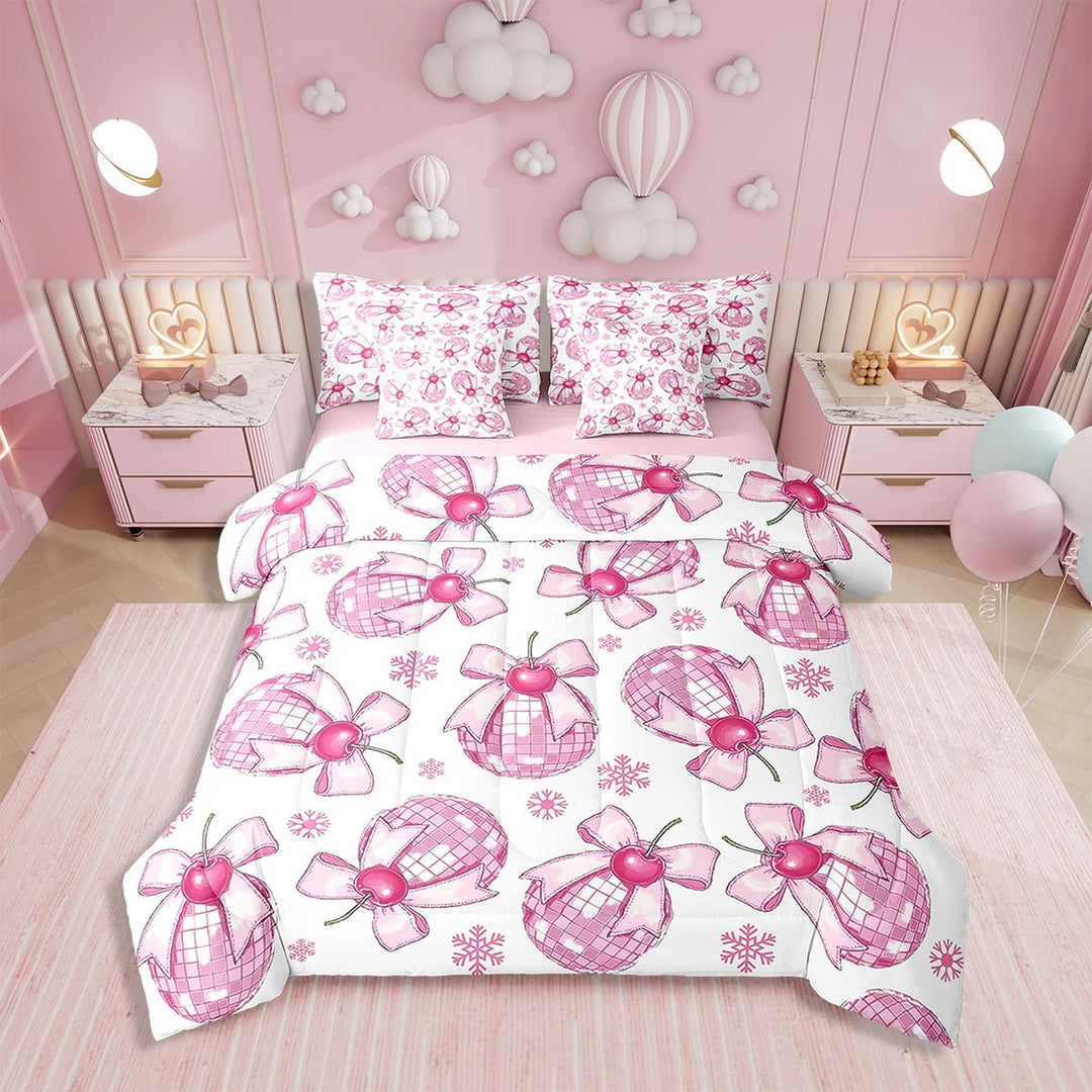 Erosebridal Kawaii Bow Comforter Set with Sheets Disco Crystal Ball Bed in a Bag Western Cowgirl 7 Piece Bedding Set Twin Size Starry Sky Bow Tie Bed Set