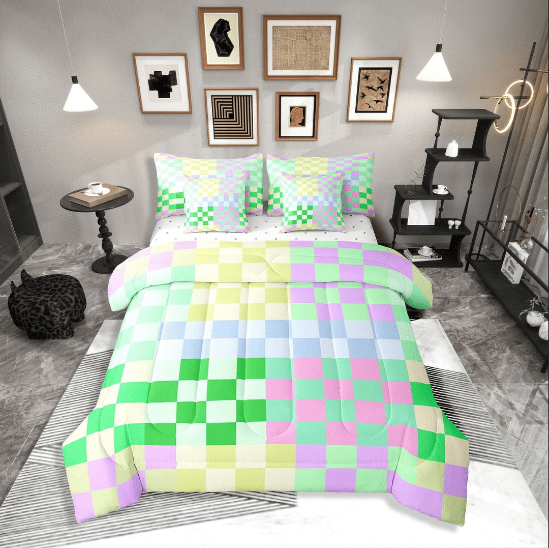 Erosebridal Plaid Square Bedding Sets Twin Size,Geometric Buffalo Comforter Sets with Sheets,Checkered Decor,Breathable,7-Piece