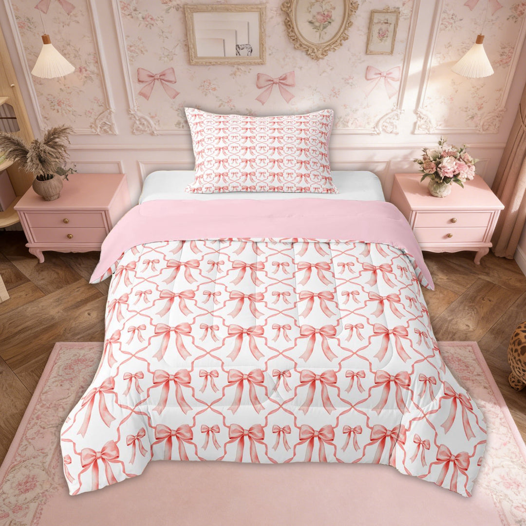 Bow Down Comforter 2 Pcs,Kawaii Pink Bow Twin Comforter Set Room Decor,Cute Princess Bowknot Bedding Set,Watercolor Bow Tie Bed Set 2 Pcs