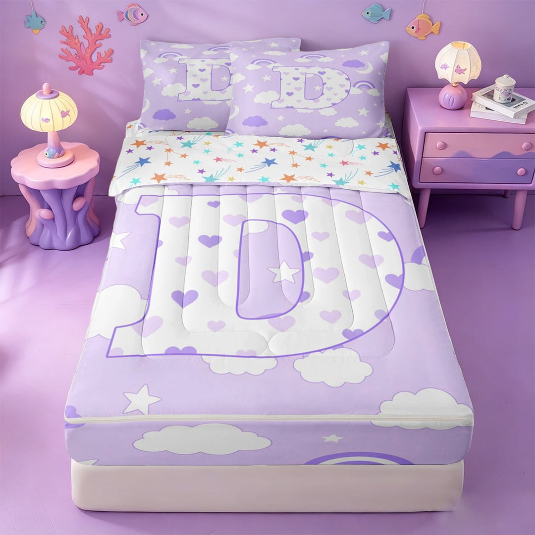 meiyoeat Cloud Stars Initial D Zipper Twin Comforter Sets with Fitted Sheet and 2 Pillowcases,Purple Rainbow Heart Print Zipper Bedding Set For Girl,Colorful Stars Reversible,4-Piece