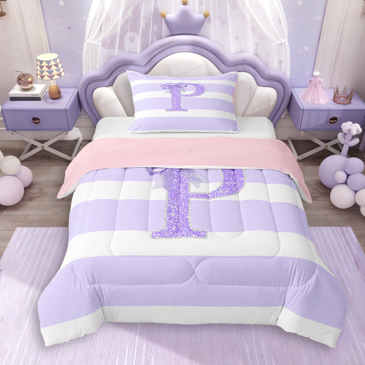Erosebridal Teens Ribbon Bow Knot Geometric Stripes Twin Comforter Sets 3-Piece,Bling Glitter Print P Personalized Initial Bedding Set For Children Boys Girls,Pink Reversible