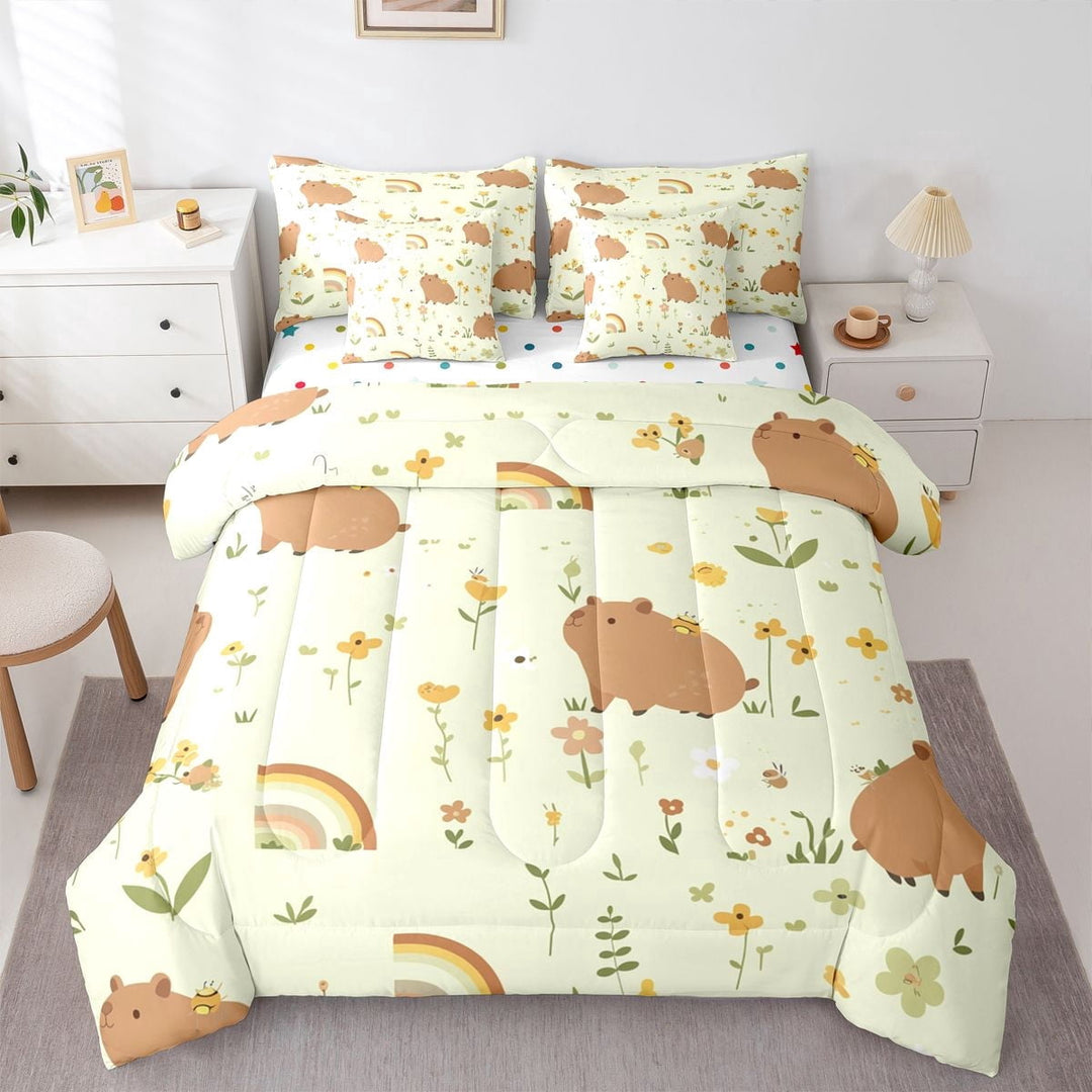 Erosebridal Cute Flowers Capybara Twin Bedding Sets 7-Piece For Children,Boys Girls Kawaii Rainbow Animal Bedding Comforter Set,Super Cozy Room Decor