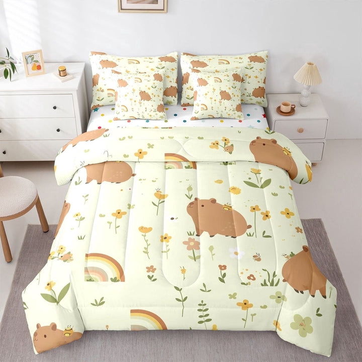 Erosebridal Cute Flowers Capybara Twin Bedding Sets 7-Piece For Children,Boys Girls Kawaii Rainbow Animal Bedding Comforter Set,Super Cozy Room Decor