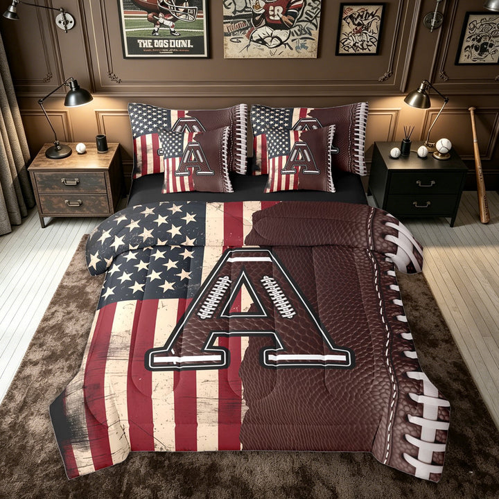 meiyoeat Football A Initial Full Size Bedding Sets for Boys, USA Flag Monogram Full Size Bed in a Bag, Brown Red, Black Reversible, 7 Pieces