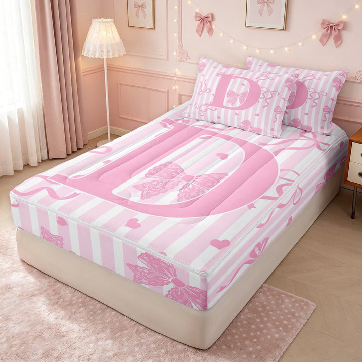 meiyoeat Coquette Pink Letter D Zipper Full Size Comforter Sets with Fitted Sheet and 2 Pillowcases for Girls, Kawaii Princess Bow Style Zipper Bedding Set, Pink Reversible, 4 Pieces